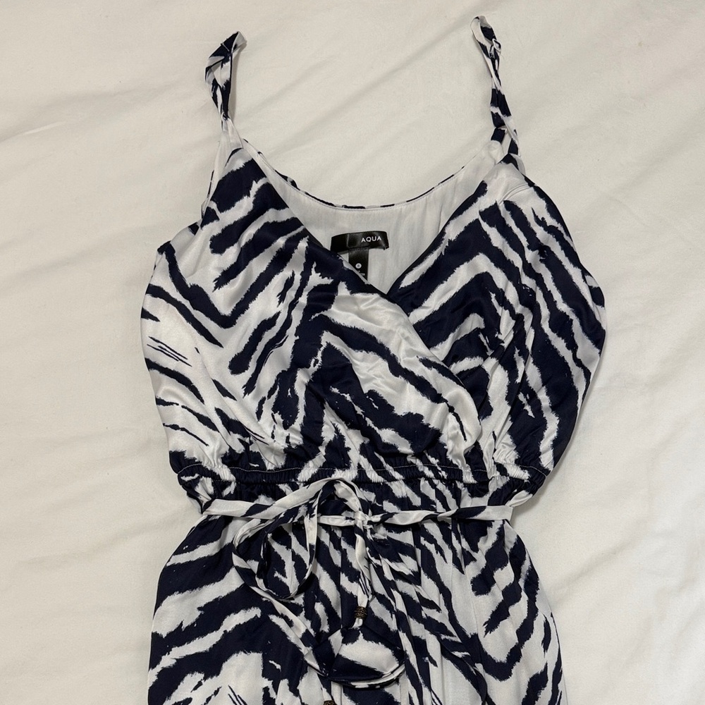 Aqua silk navy and white Zebra Print Jumpsuit